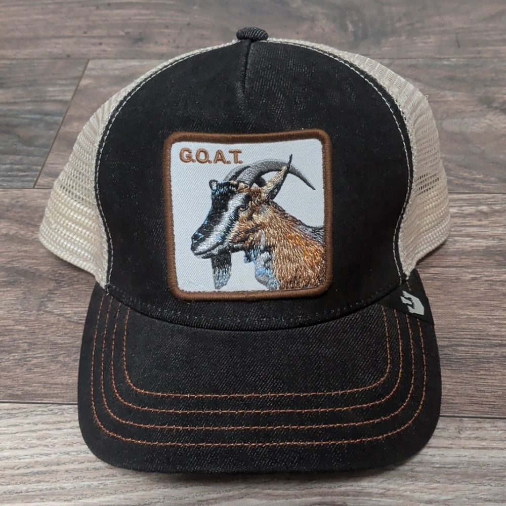 Goorin Bros Hat Cap Snap Back One Size Black Trucker Embroidered Patch GOAT Mens
